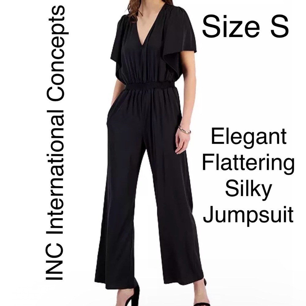 INC Flattering Silky Jumpsuit Elegant High Waist Wide Leg V-Neck